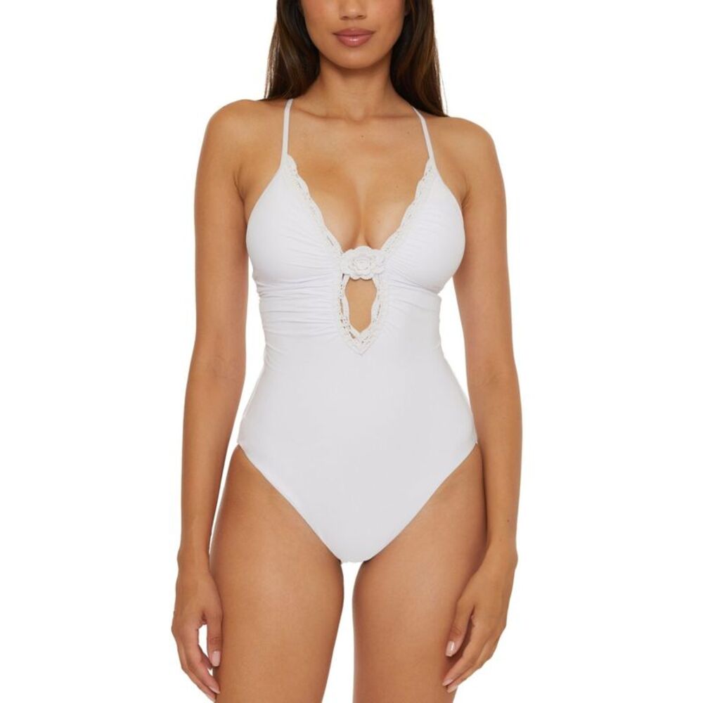 Becca Womens Plunge-Neck One-Piece Swimsuit Small White - NWT $158